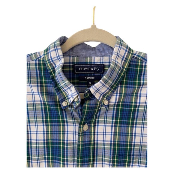 Crown & Ivy Blue Green Plaid Long Sleeve Button Down Shirt Classic Fit Size Med - Picture 2 of 9